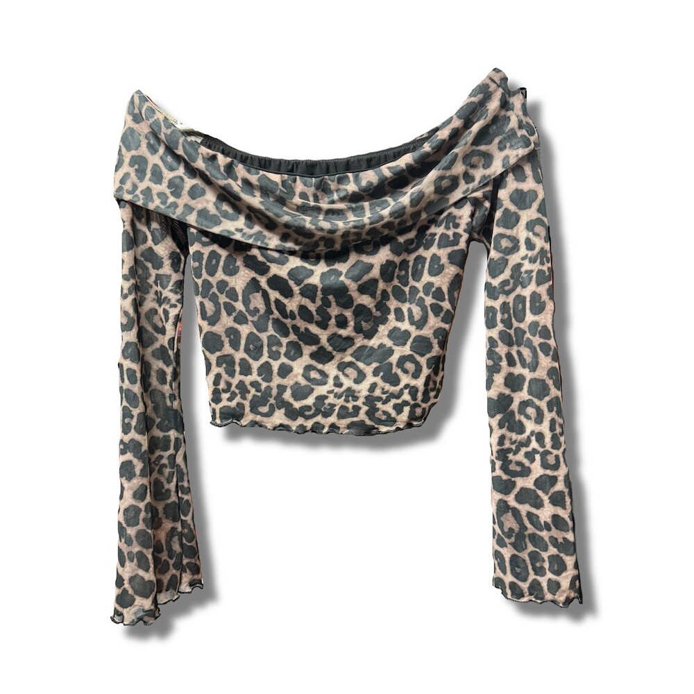 Blouse Womens XS Beige Leopard Print Off Shoulder Sheer